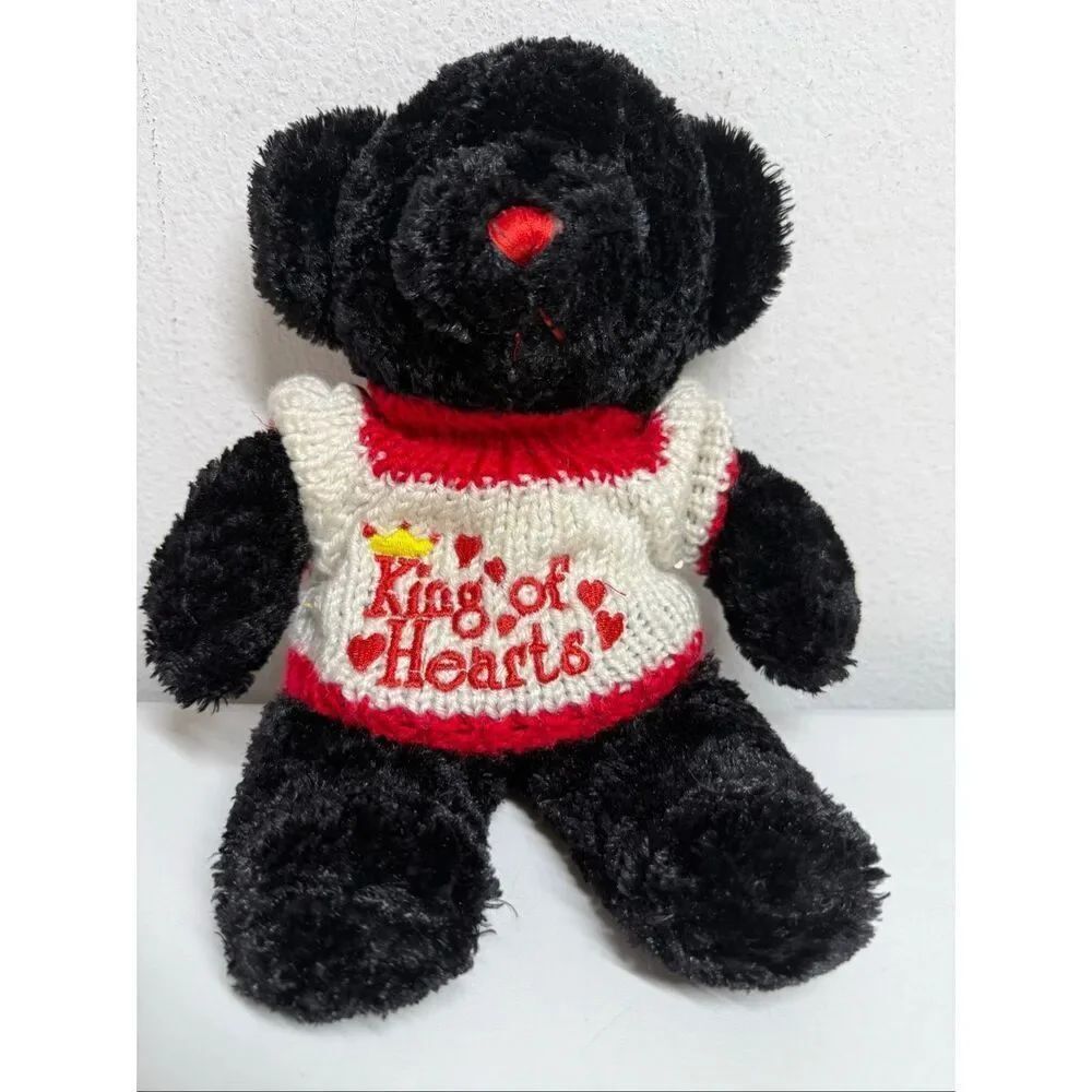Dan Dee Black Bear Plush Stuffed Red Nose "King of Hearts" Valentine Sweater 14"